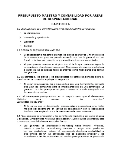 Presupuesto Maestro Y Contabilidad Por Areas De Responsabilidad