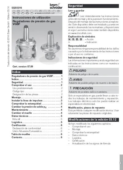 Seguridad Instrucciones de utilización Reguladores de presión de gas