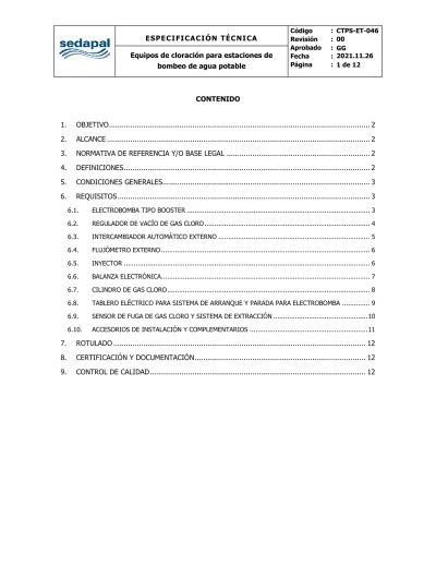 ESPECIFICACIÓN TÉCNICA Equipos de cloración para estaciones de bombeo