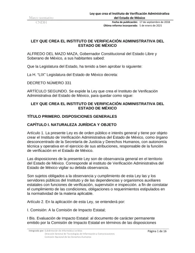 Ley Que Crea El Instituto De Verificaci N Administrativa Del Estado De