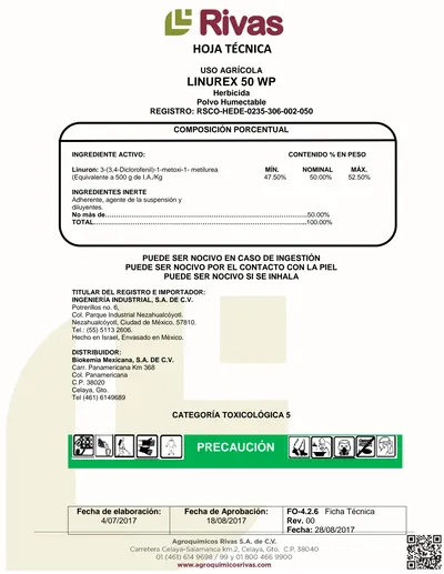 HOJA TÉCNICA USO AGRÍCOLA LINUREX 50 WP Herbicida Polvo Humectable