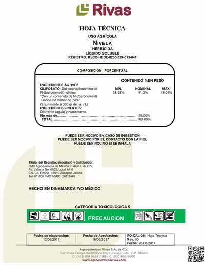 HOJA TÉCNICA USO AGRÍCOLA NIVELA HERBICIDA LÍQUIDO SOLUBLE REGISTRO