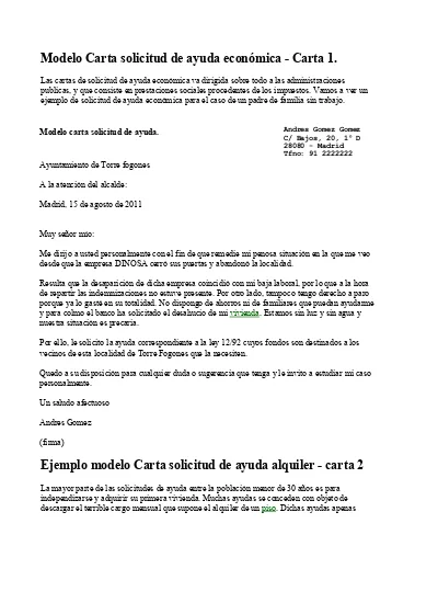 Modelo Carta solicitud de ayuda económica Carta 1