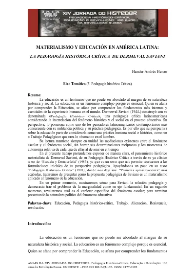 Materialismo y Educacíon en América Latina la Pedagogía Histórica