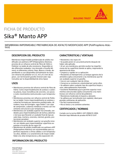 Sika Manto App Ficha De Producto Membrana Impermeable Prefabricada De