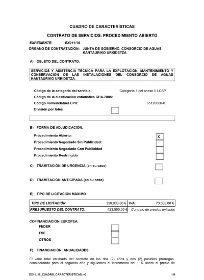 Cuadro De Caracter Sticas Contrato De Servicios Procedimiento Abierto