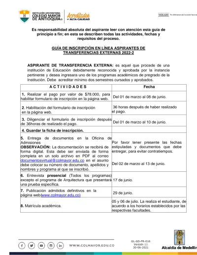 Gu A De Inscripci N En L Nea Aspirantes De Transferencias Externas