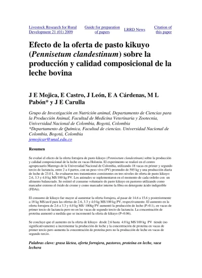 Efecto De La Oferta De Pasto Kikuyo Pennisetum Clandestinum Sobre La