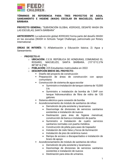 TÉRMINOS DE REFERENCIA PARA TRES PROYECTOS DE AGUA SANEAMIENTO E