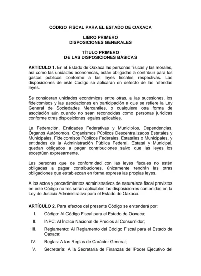 CÓDIGO FISCAL PARA EL ESTADO DE OAXACA LIBRO PRIMERO DISPOSICIONES