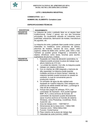 SERVICIO NACIONAL DE APRENDIZAJE SENA FICHA TECNICA DE ESPECIFICACIONES