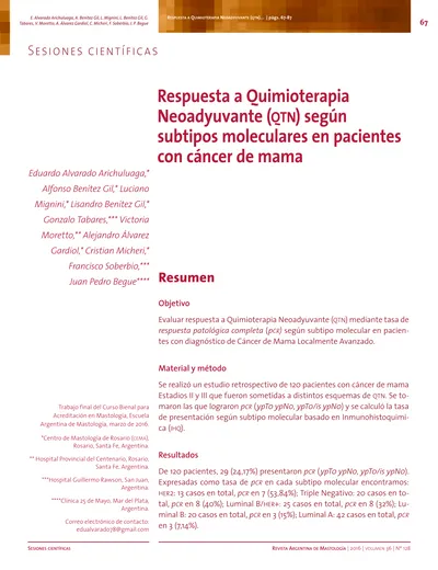 Respuesta A Quimioterapia Neoadyuvante Qtn Seg N Subtipos Moleculares