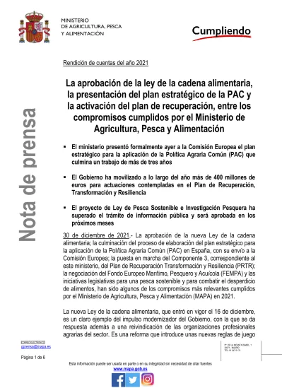 La aprobación de la ley de la cadena alimentaria la presentación del