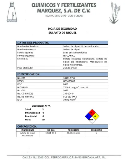 HOJA DE SEGURIDAD SULFATO DE NIQUEL