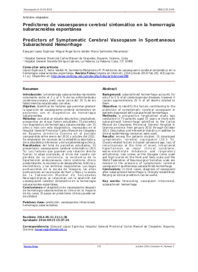 Predictores De Vasoespasmo Cerebral Sintom Tico En La Hemorragia