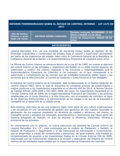 INFORME PORMENORIZADO SOBRE EL ESTADO DE CONTROL INTERNO LEY 1474 DE