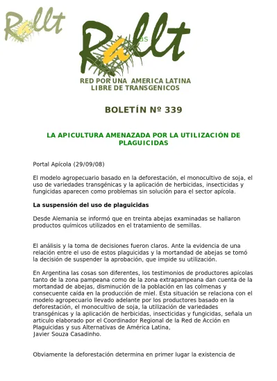 RED POR UNA AMERICA LATINA LIBRE DE TRANSGENICOS BOLETÍN Nº 339 LA