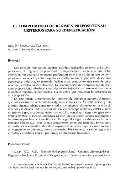 El Complemento De R Gimen Preposicional Criterios Para Su Identificaci N