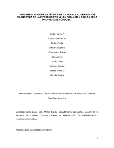 IMPLEMENTACIÓN DE LA TÉCNICA DE CV PARA LA CONFIRMACIÓN DIAGNÓSTICA DE