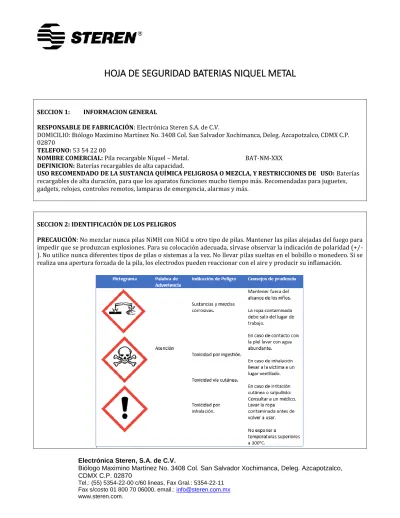 Hoja De Seguridad Baterias Niquel Metal