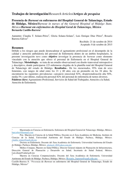 Presencia De Burnout En Enfermeros Del Hospital General De Tulancingo