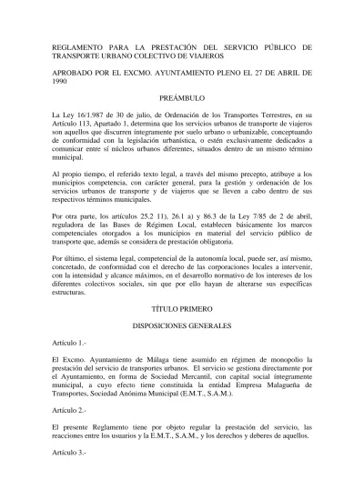 REGLAMENTO PARA LA PRESTACIÓN DEL SERVICIO PÚBLICO DE TRANSPORTE URBANO