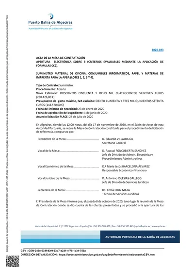 Acta De La Mesa De Contrataci N Apertura Electr Nica Sobre B Criterios