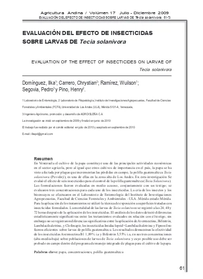 Evaluaci N Del Efecto De Insecticidas Sobre Larvas De Tecia Solanivora