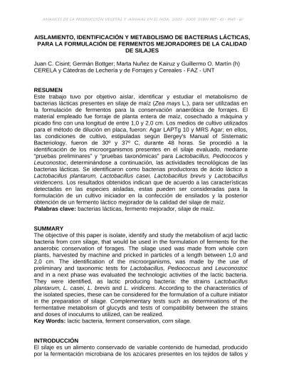 AISLAMIENTO IDENTIFICACIÓN Y METABOLISMO DE BACTERIAS LÁCTICAS PARA