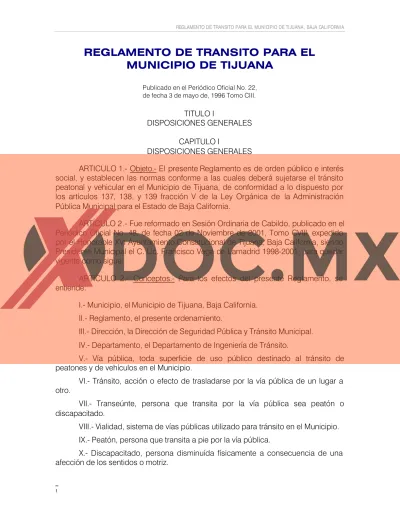 REGLAMENTO DE TRANSITO PARA EL MUNICIPIO DE TIJUANA