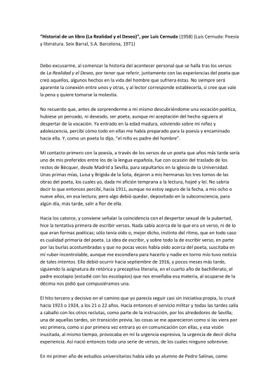 Luis Cernuda Historial De Un Libro La Realidad Y El Deseo