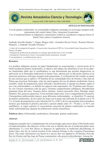 Uso De Plantas Medicinales En Comunidades Ind Genas Asentadas En Un