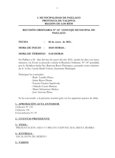 I MUNICIPALIDAD DE PAILLACO PROVINCIA DE VALDIVIA REGIÓN DE LOS RÍOS