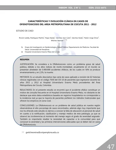 CARACTERÍSTICAS Y EVOLUCIÓN CLÍNICA EN CASOS DE OFIDIOTOXICOSIS DEL