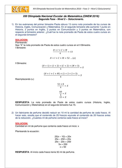 XIII Olimpiada Nacional Escolar de Matemática ONEM 2016 Segunda Fase