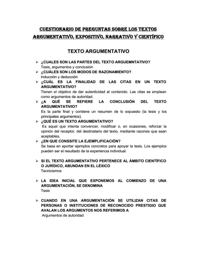 Cuestionario De Preguntas Sobre Los Textos Argumentativo