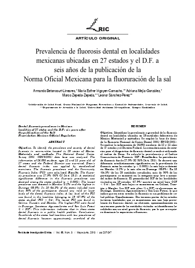 Prevalencia De Fluorosis Dental En Localidades Mexicanas Ubicadas En 27