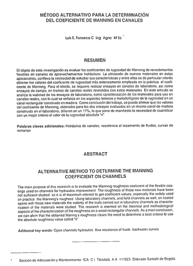 M Todo Alternativo Para La Determinaci N Del Coeficiente De Manning En