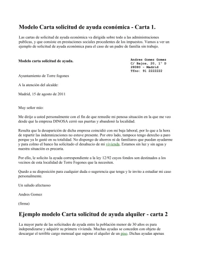 Modelo Carta solicitud de ayuda económica