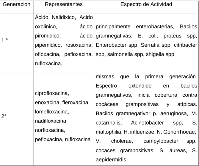 Cuadro 01.- Generación de Quinolonas, Representantes y espectro de  Actividad 