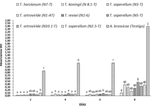 Figura 7. Evaluación de la inhibición al crecimiento micelial de A. brassicae por  los extractos celulares de Trichoderma