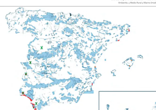 Mapa de distribución del tipo de hábitat  de interés comunitario 2270* en las  costas españolas