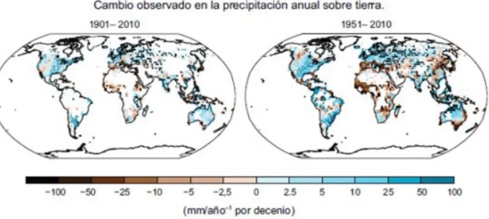 Figura 3. Mapas de cambios observados en precipitación, 1901 –  2010; 1951 - 2010.
