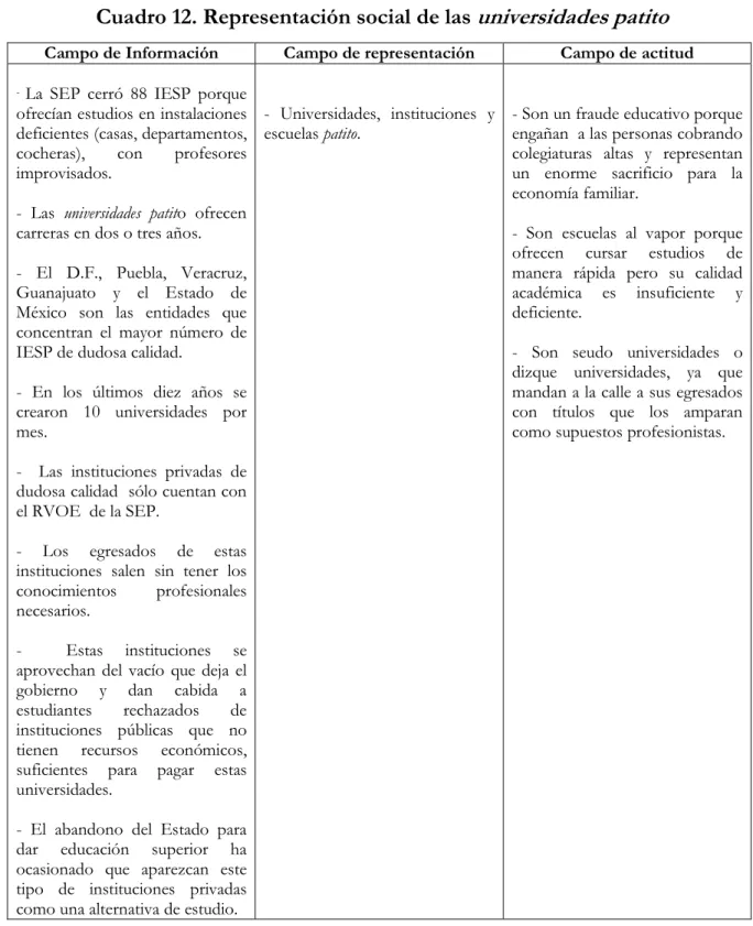 Cuadro 12. Representación social de las  universidades patito