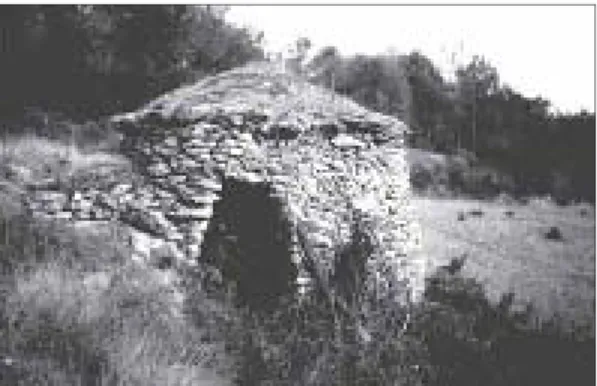 Foto 2. Esta barraca de planta circular se encuentra adosada a un margen. Se puede observar la estructura adintelada de la puerta, soportada por un arco  ligera-mente apuntado (Calders- Bages).