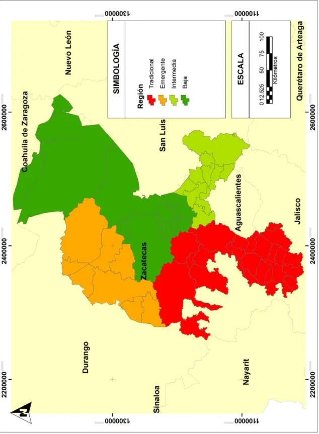 Mapa 2.4 Regionalización de la migración internacional en el Estado de Zacatecas. 