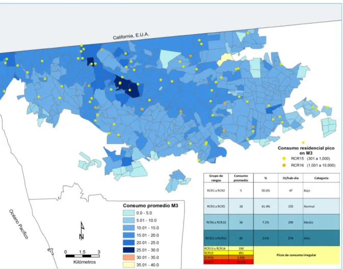 Mapa 4.4 Distribución espacial de “picos de consumo irregular” de agua potable en la ciudad  de Tijuana 
