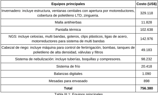 Tabla III.1: Equipos principales. 