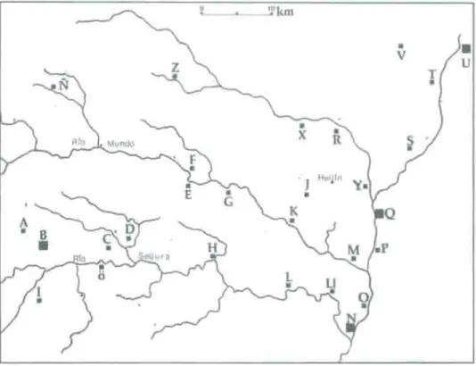 MAPA 5: Visión general de la distribución de los yacimientos ibéricos citados en el área estudiada (comarcas de Hellín-Tobana y Elche de la Siena).