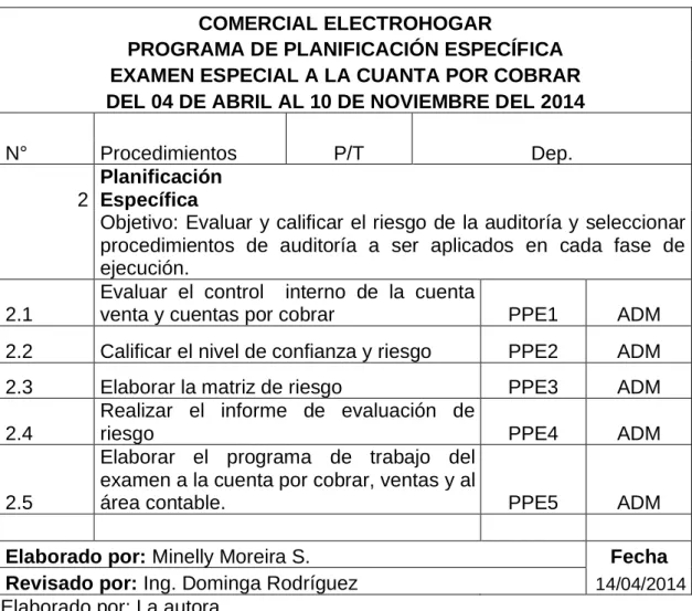 Cuadro 12: Programa de planificación específica. 